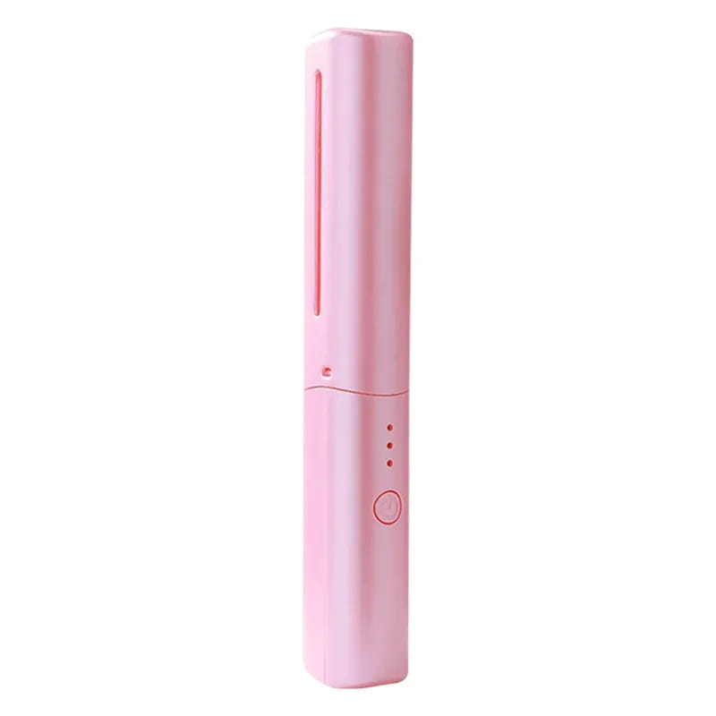 Pink wireless hair straightener brush with a sleek minimalist design and smooth plastic finish featuring a portable ceramic comb.