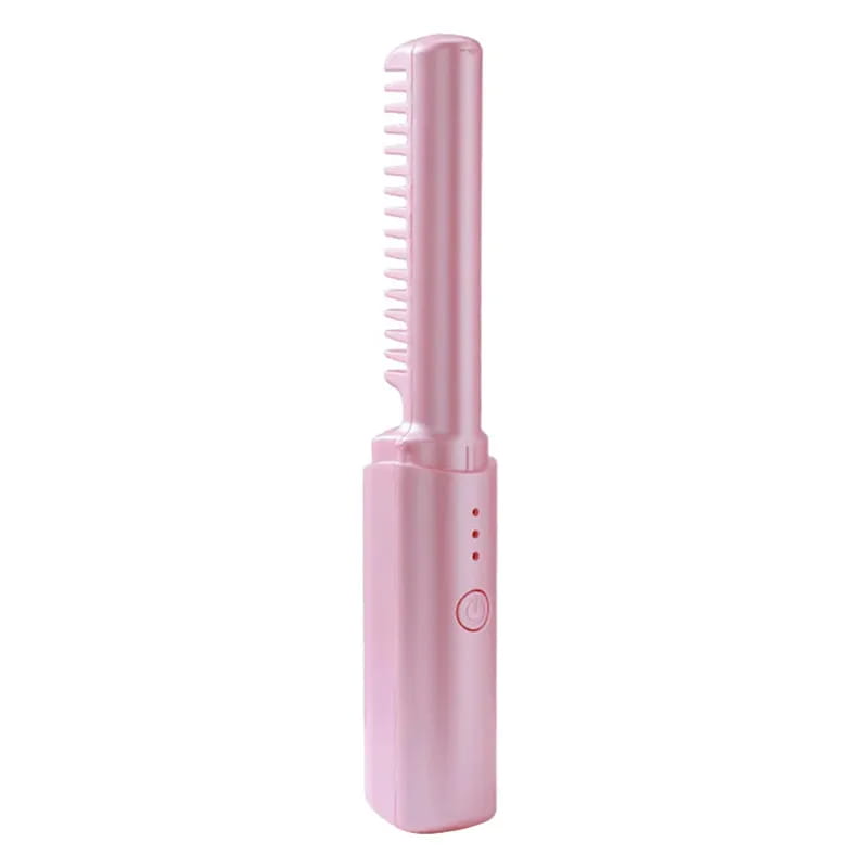 Pink wireless hair straightener brush with ceramic comb attachment and power button for portable hair styling.