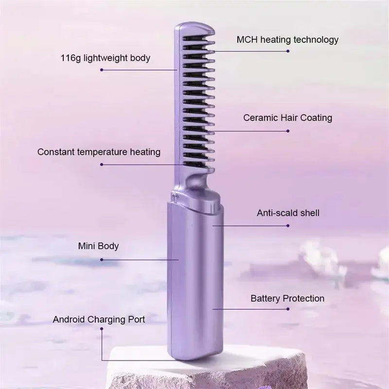 Purple ceramic wireless hair straightener brush with a sleek lightweight design and android charging port.