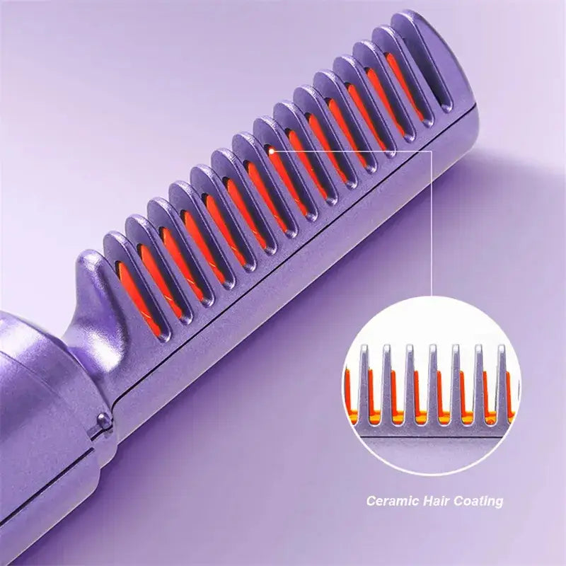 Wireless hair straightener brush featuring a purple ceramic comb with orange heat-reflective coating on the teeth for portable styling.