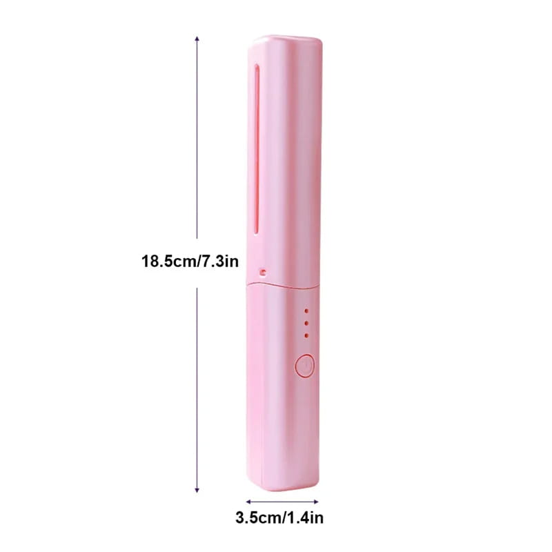 Wireless hair straightener brush portable ceramic comb in pink features a sleek cylindrical design with a smooth finish for convenient styling on the go.