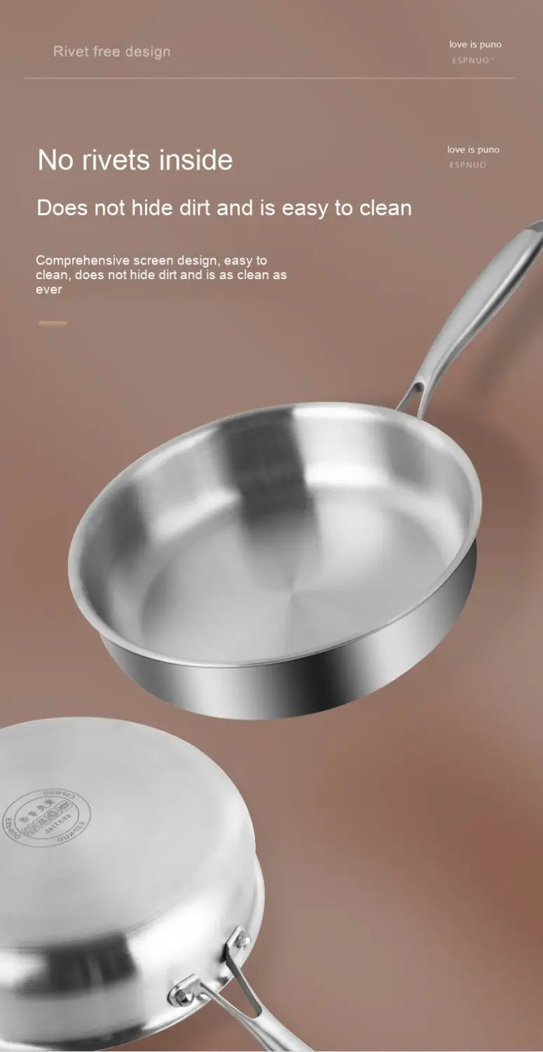 Sartén de acero inoxidable 316L con tapa de vidrio, con un diseño elegante sin remaches y un mango largo en acero inoxidable plateado.