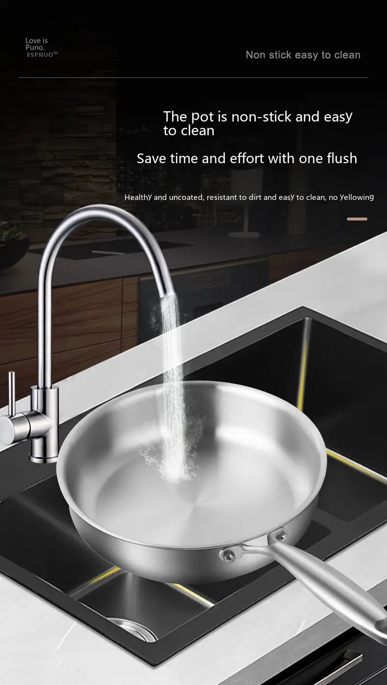 Sartén de acero inoxidable 316L antiadherente con tapa de vidrio, con un diseño moderno y elegante y un mango largo curvado.