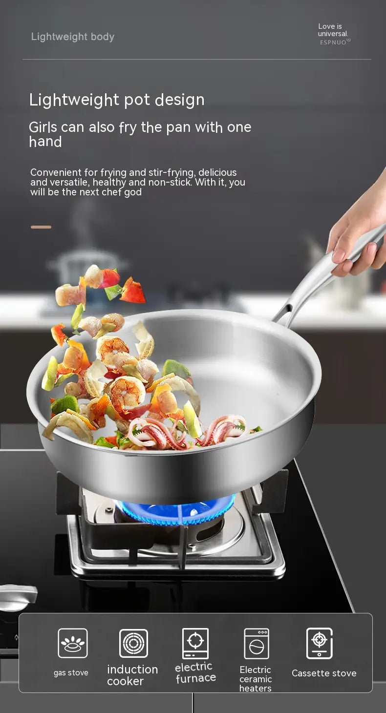 Sartén de acero inoxidable plateado con diseño ligero y elegante y mango ergonómico del set de sartén de acero inoxidable 316L con tapa de vidrio.