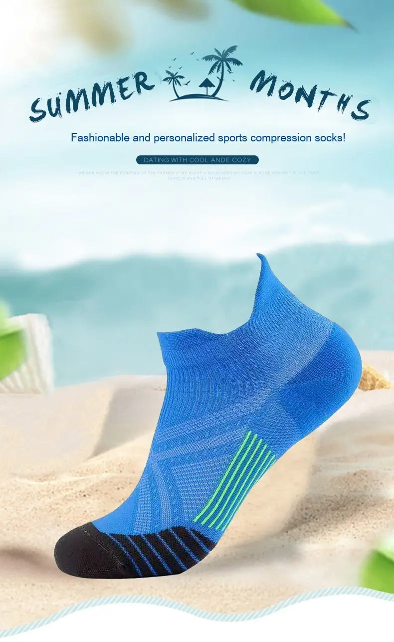 Blue nylon compression athletic sock with teal and black accents and a textured knit pattern designed for soccer footwear.