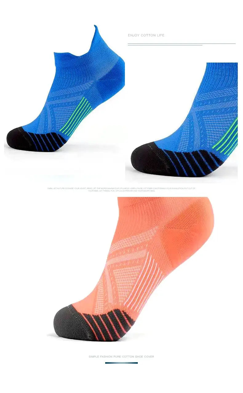 blue and orange compression athletic nylon soccer ankle socks with black toe caps and a textured knit pattern