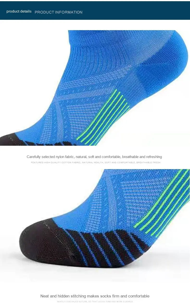 Blue compression athletic sock with neon green stripes and black toe made from selected nylon fabric designed for soccer footwear.
