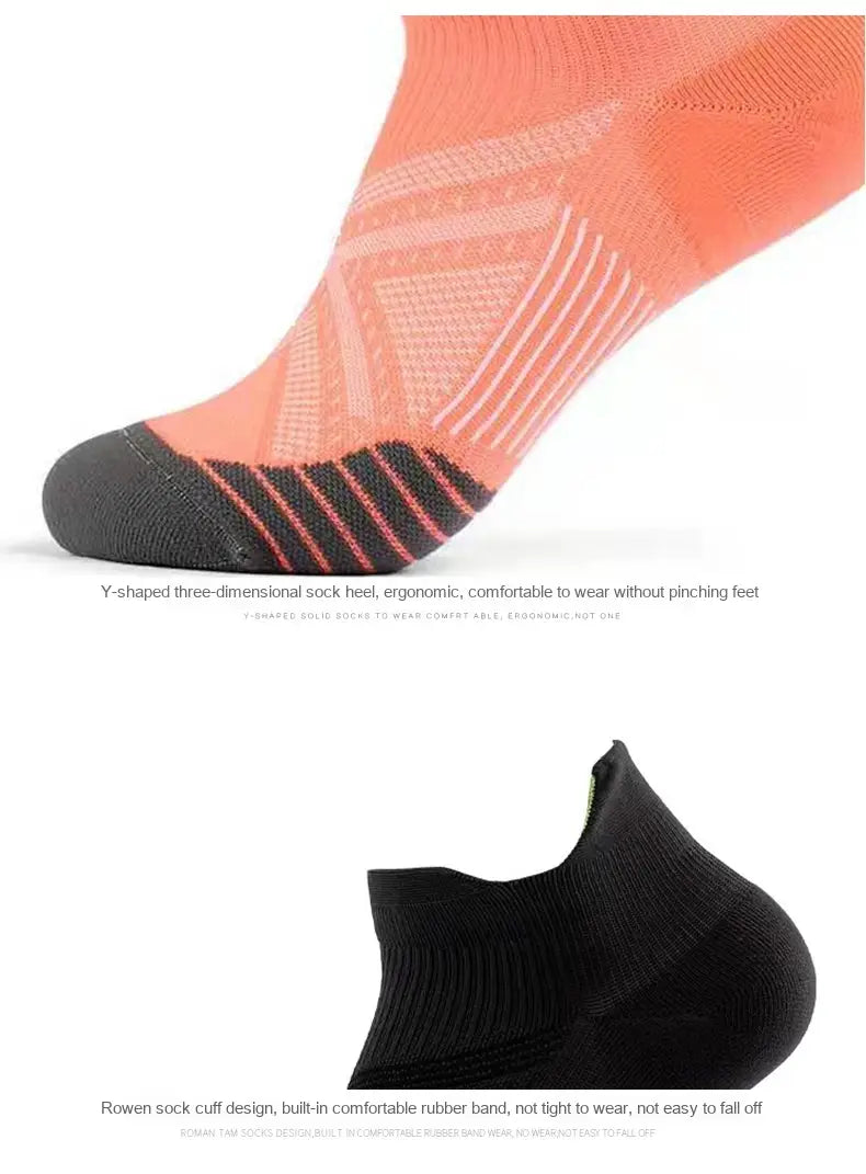 Orange compression athletic sock made of nylon for soccer footwear with black toe and heel and geometric pattern on the foot