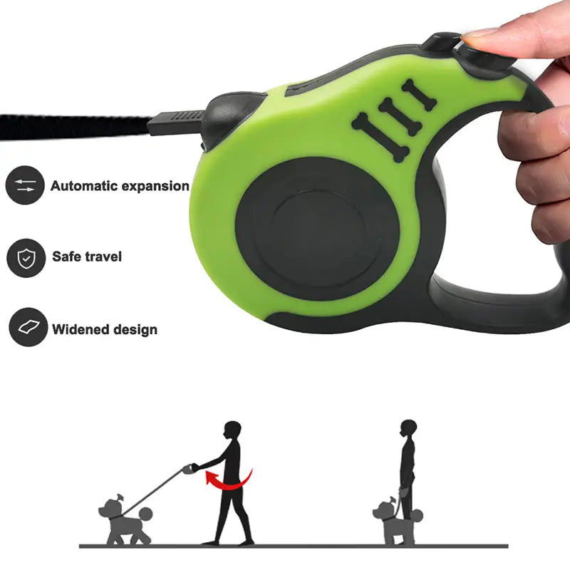 Lime green and black retractable dog leash with one touch locking system and textured grip handle for secure walking control.