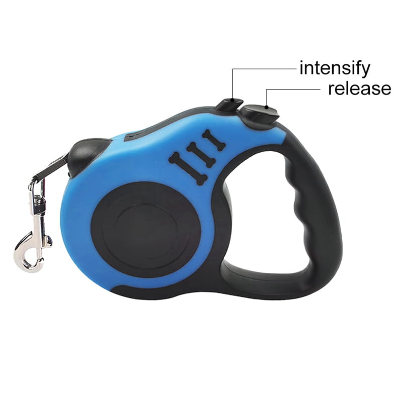 Retractable dog leash with one touch locking system featuring a blue and black design and a textured grip handle for comfortable control.