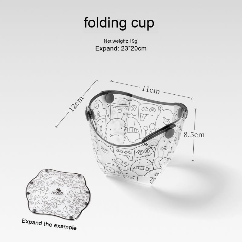 transparent folding cup with black cartoon character illustrations featuring a sleek minimalist design from the ultra light portable folding tableware set.