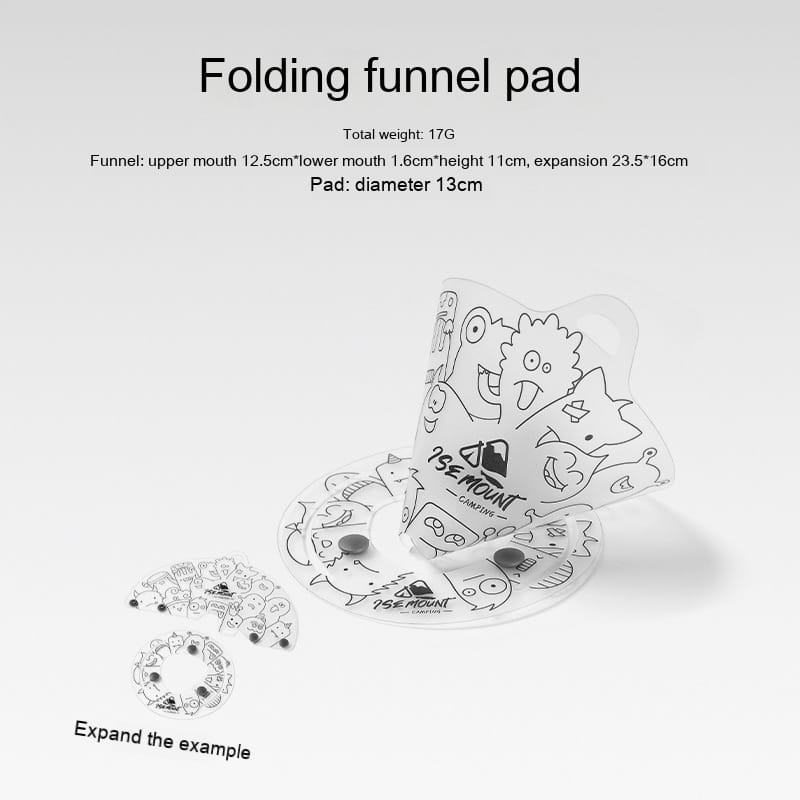 Ultra light portable folding tableware set featuring a clear plastic folding funnel pad with cartoon character illustrations and a circular base.