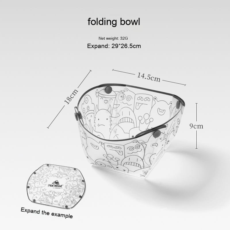 Transparent plastic ultra light portable folding bowl with black rim and cartoon monster illustrations from the ultra light portable folding tableware set