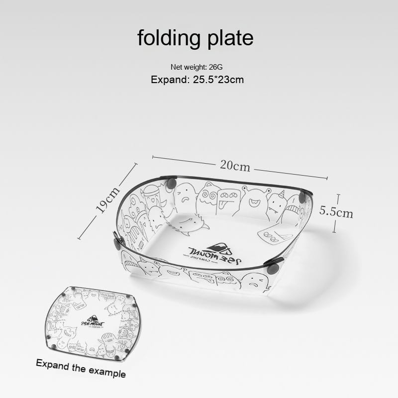 Transparent folding plate from ultra light portable folding tableware set featuring black line drawings of cartoon characters and a logo at the bottom