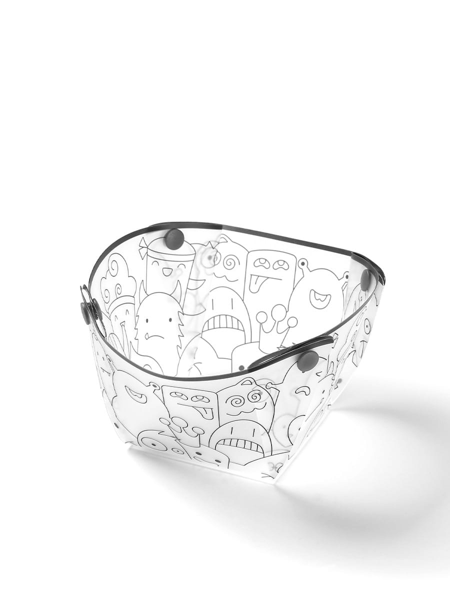 Transparent plastic bucket with black outlined cartoon monster designs and gray snap buttons along the rim from the ultra light portable folding tableware set