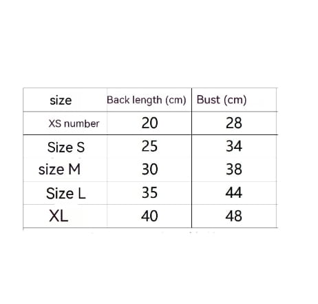 Guide des tailles pour le pull pour animal de compagnie en tricot représentant un petit lapin bleu, présentant les mesures du vêtement en centimètres pour les tailles XS à XL.