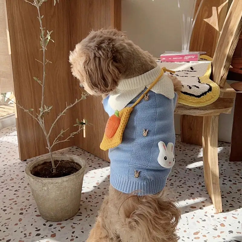 Pull pour animal de compagnie en tricot bleu clair avec col blanc et appliqué de lapin, porté par un chien, intitulé « Blue Bunny Knitted Pet Sweater ».