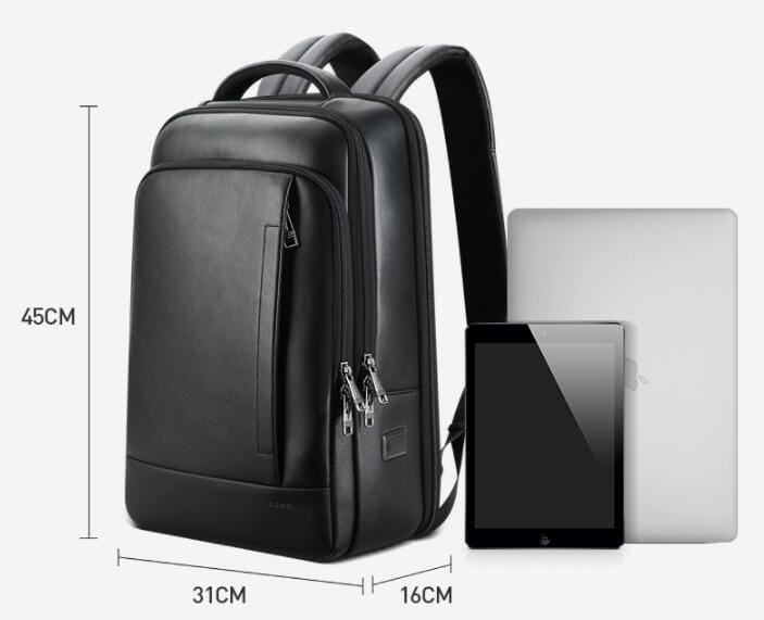 Men’s black leather laptop backpack business bag with multiple zippers and adjustable straps.