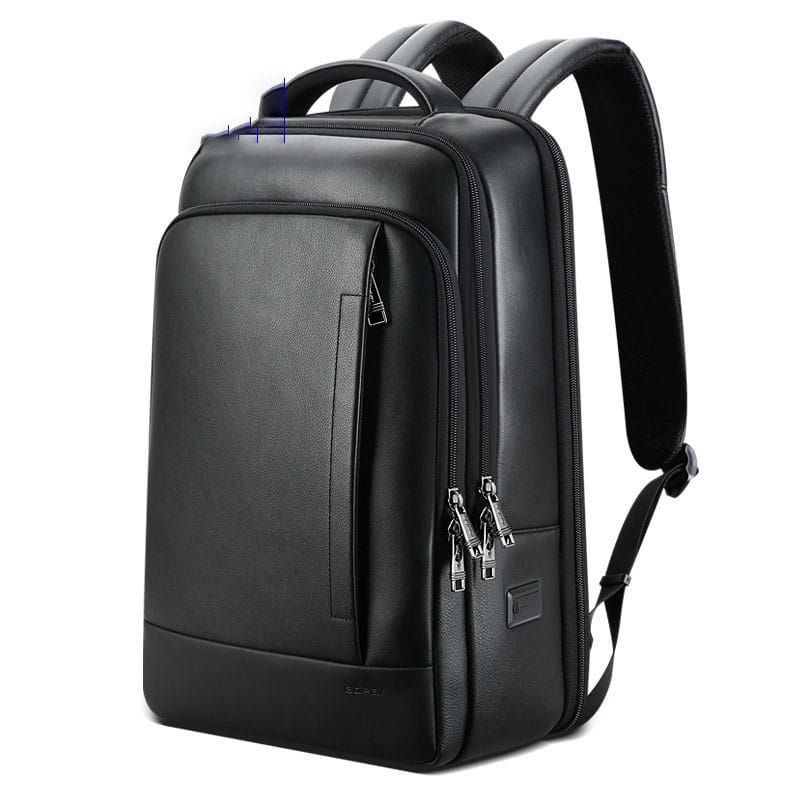 Men’s black leather laptop backpack business bag with multiple zippered compartments and adjustable shoulder straps.