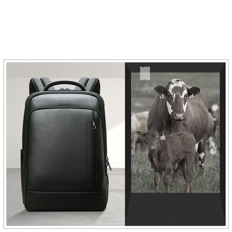 Men’s black leather laptop backpack with structured design and multiple zippers for business use.