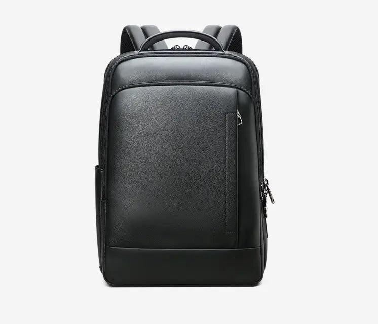 Men’s black leather laptop backpack business bag with a sleek minimalist design and subtle texture.