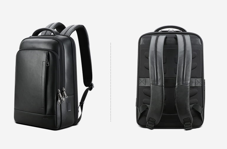 Men’s black leather laptop backpack business bag with padded shoulder straps and multiple zippered compartments.