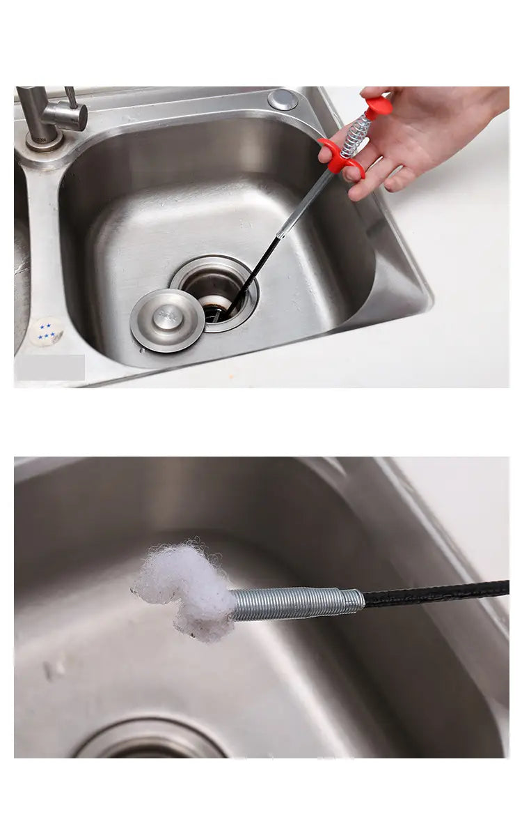 Red-handled stainless steel drain clog remover with 60cm black flexible spring pipe cable for pipe cleaning.