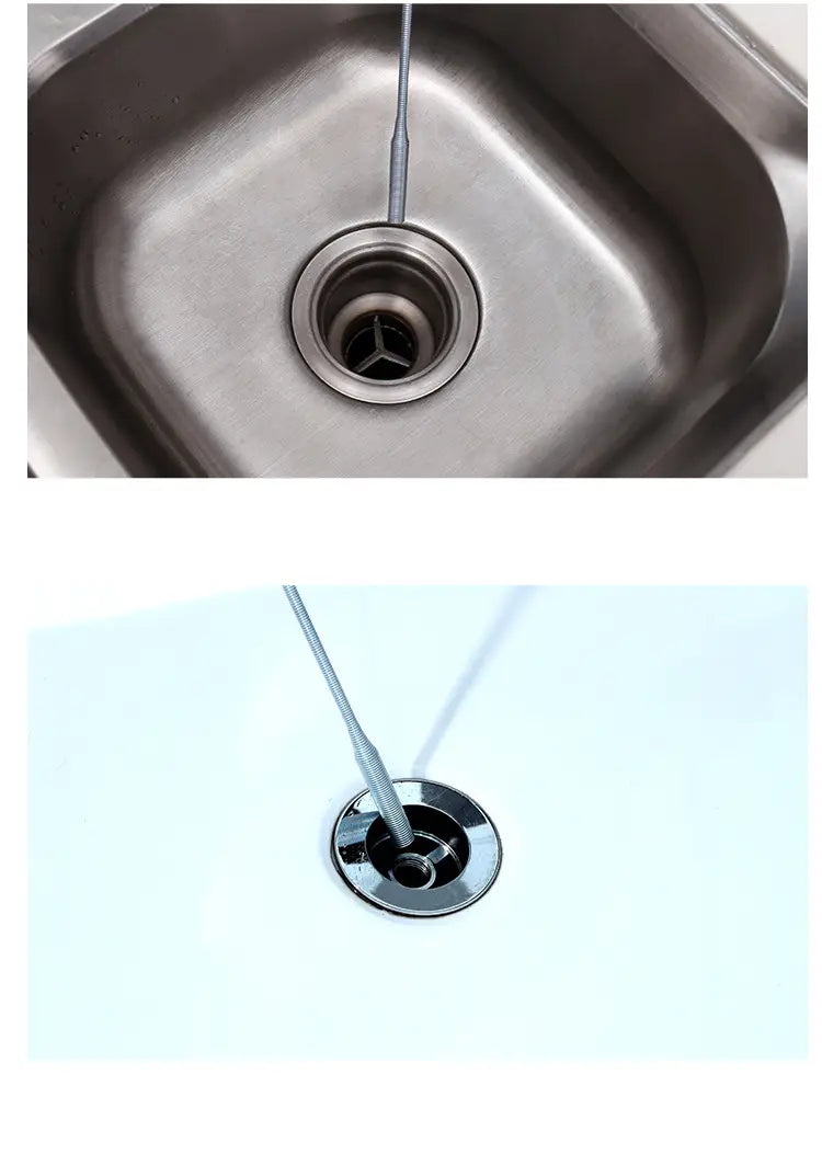 shiny chrome kitchen sink drain with a long slender metal flexible spring pipe tool inserted for clog removal in silver color