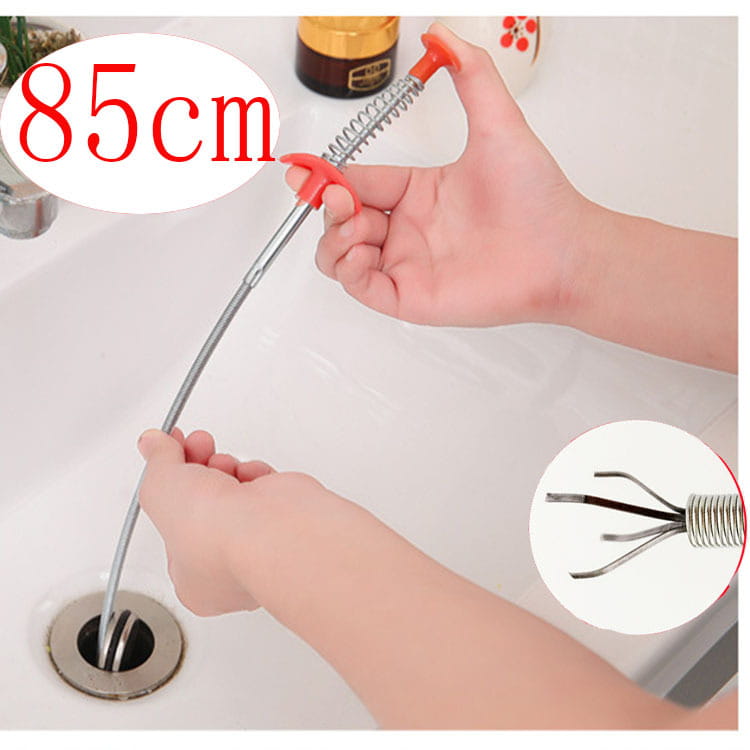 Drain clog remover 60cm flexible spring pipe tool with red handles an 85cm metal drain snake featuring a spring-loaded tip and claw mechanism.