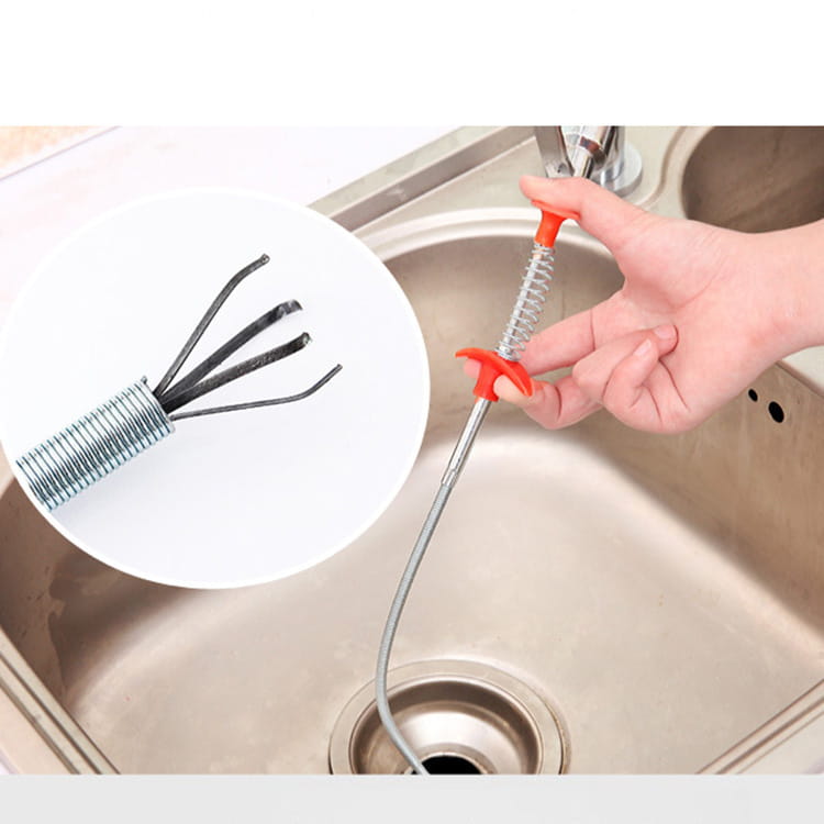 Orange-handled drain clog remover with black metal prongs and flexible stainless steel shaft for clearing pipes 60cm spring pipe tool.