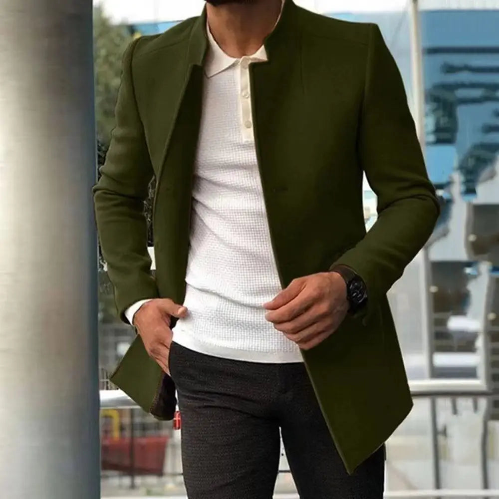 Olive green tailored mens slim fit solid color overcoat made from high-quality fabric for formal and casual wear.