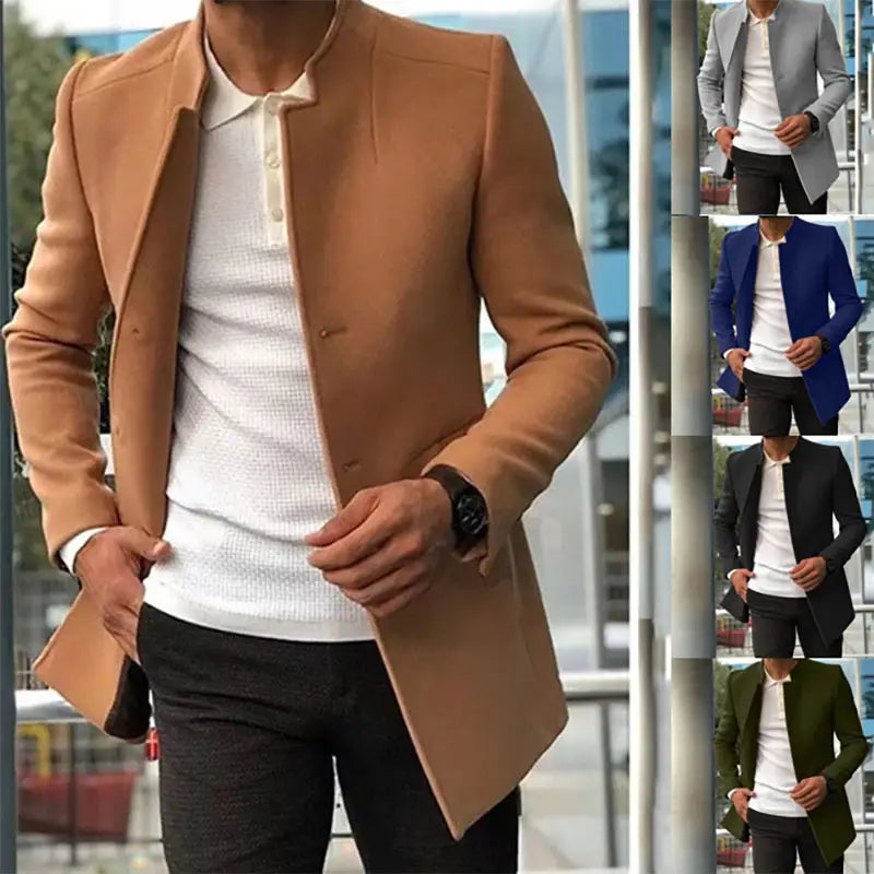 Mens slim fit solid color overcoat in tan woolen fabric with a stand-up collar and two-button front closure.