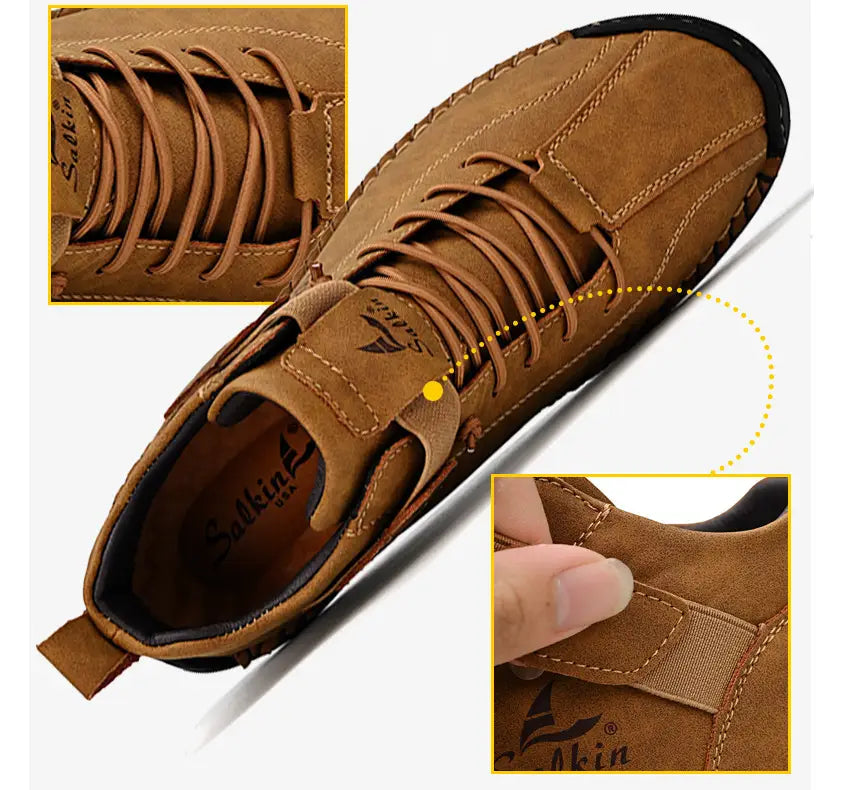 Botas Salkin de cuero artesanal para hombre, talla grande, en ante marrón, con cordones a juego y suela de goma negra.