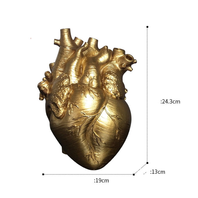 Golden anatomical heart vase made of Nordic resin with detailed vein and artery textures designed as a sculpture flower pot.