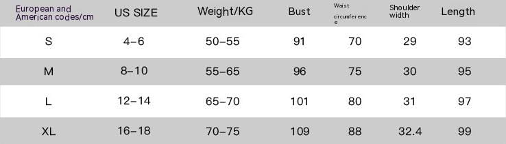The table displays sizing information for a sleeveless v neck button front a line dress including european and american codes us size equivalents weight ranges bust waist shoulder width and length measurements.