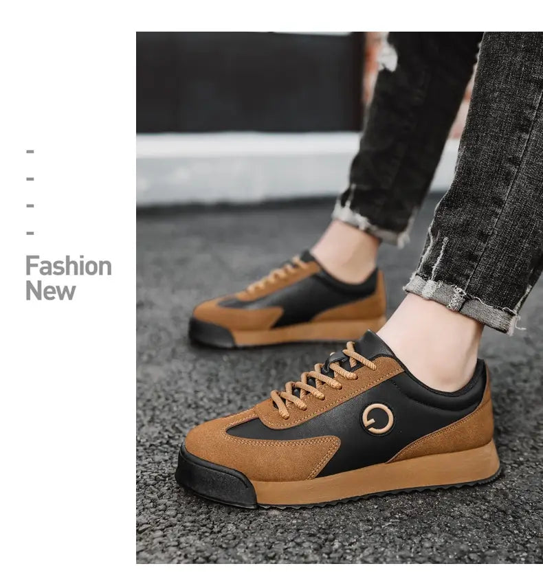 baskets décontractées imperméables en cuir pour homme en daim marron et noir et cuir avec un logo circulaire sur le côté