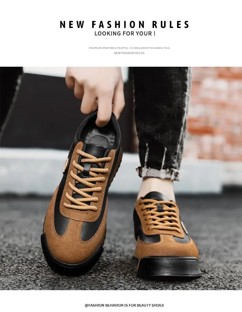 Baskets décontractées imperméables en cuir pour homme en daim marron et noir et cuir avec des lacets tan.