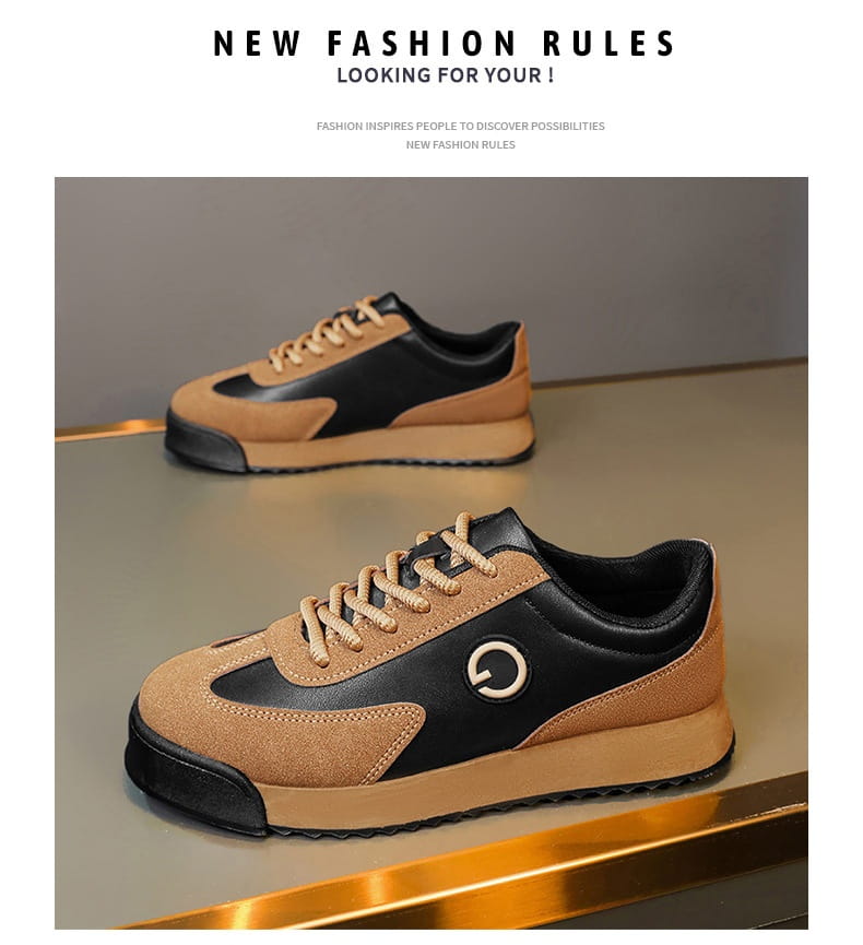 Baskets décontractées imperméables en cuir pour homme en daim noir et tan et cuir avec un logo circulaire sur le côté.