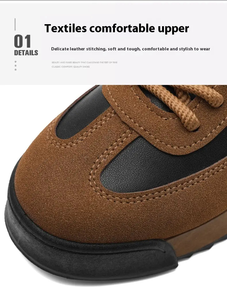 Basket décontractée imperméable en cuir pour homme en daim marron et cuir noir avec des lacets tan.