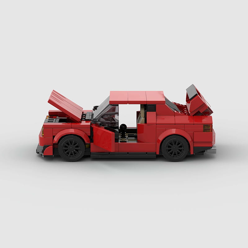 Rotes LEGO-TECHNIC-Modell eines Sportwagens mit offenen Türen und Motorhaube aus dem roten Sportwagen-Bausteinset M10386.