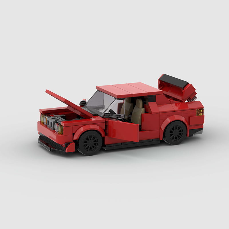 Rotes Sportwagen-Bausteinset M10386 mit einem roten LEGO-TECHNIC-Modell mit offener Motorhaube und offenen Türen, schwarzen Rädern sowie detailliertem schwarzem Innenraum.