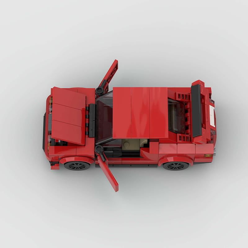 Rotes Sportwagen-Bausteinset M10386 mit einem roten LEGO-TECHNIC-Modell mit offenen Türen und Motorhaube.