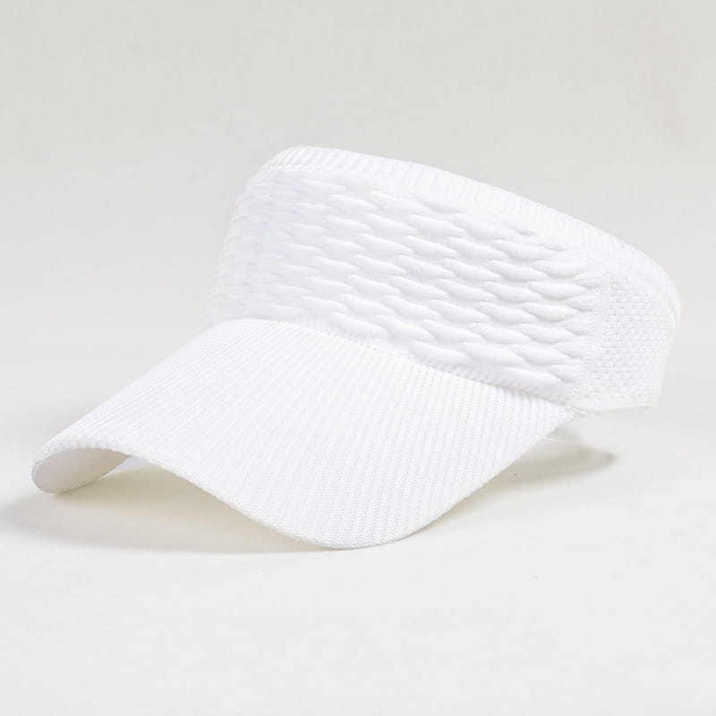 White knit visor cap with a textured woven pattern across the crown and smooth brim designed as a summer sports headband.