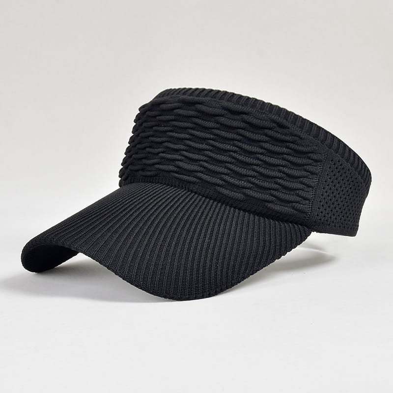 Black knitted visor cap with textured woven pattern and breathable mesh side panels designed for summer sports and headband use.