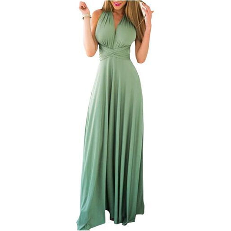 A flowing sage green women’s boho multiway halter neck maxi dress with a draped waist made of smooth lightweight fabric.