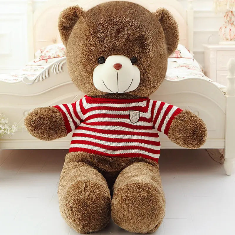Brown plush teddy bear wearing a red and white striped knit sweater with a small embroidered patch on the chest stuffed animal for kids 40-200cm.