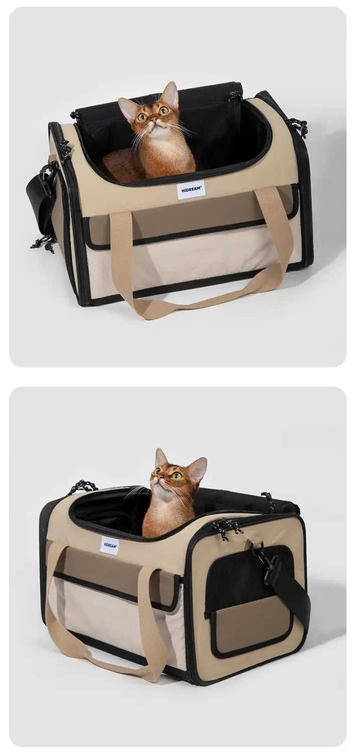 Beige and black cat travel carrier made of sturdy fabric with multiple compartments and breathable mesh panels for convenient pet transportation.