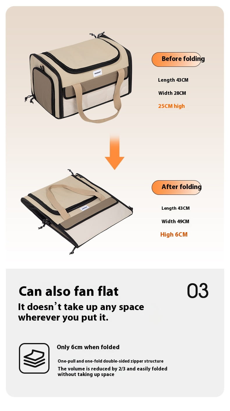 Beige and black cat travel carrier with foldable design, durable fabric construction, adjustable handles, and mesh panels for ventilation.
