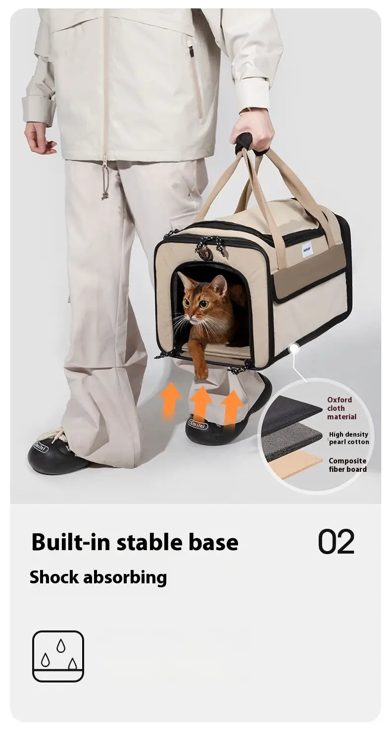 Beige cat travel carrier with black mesh trim and reinforced handles featuring a sturdy base for safe transport.