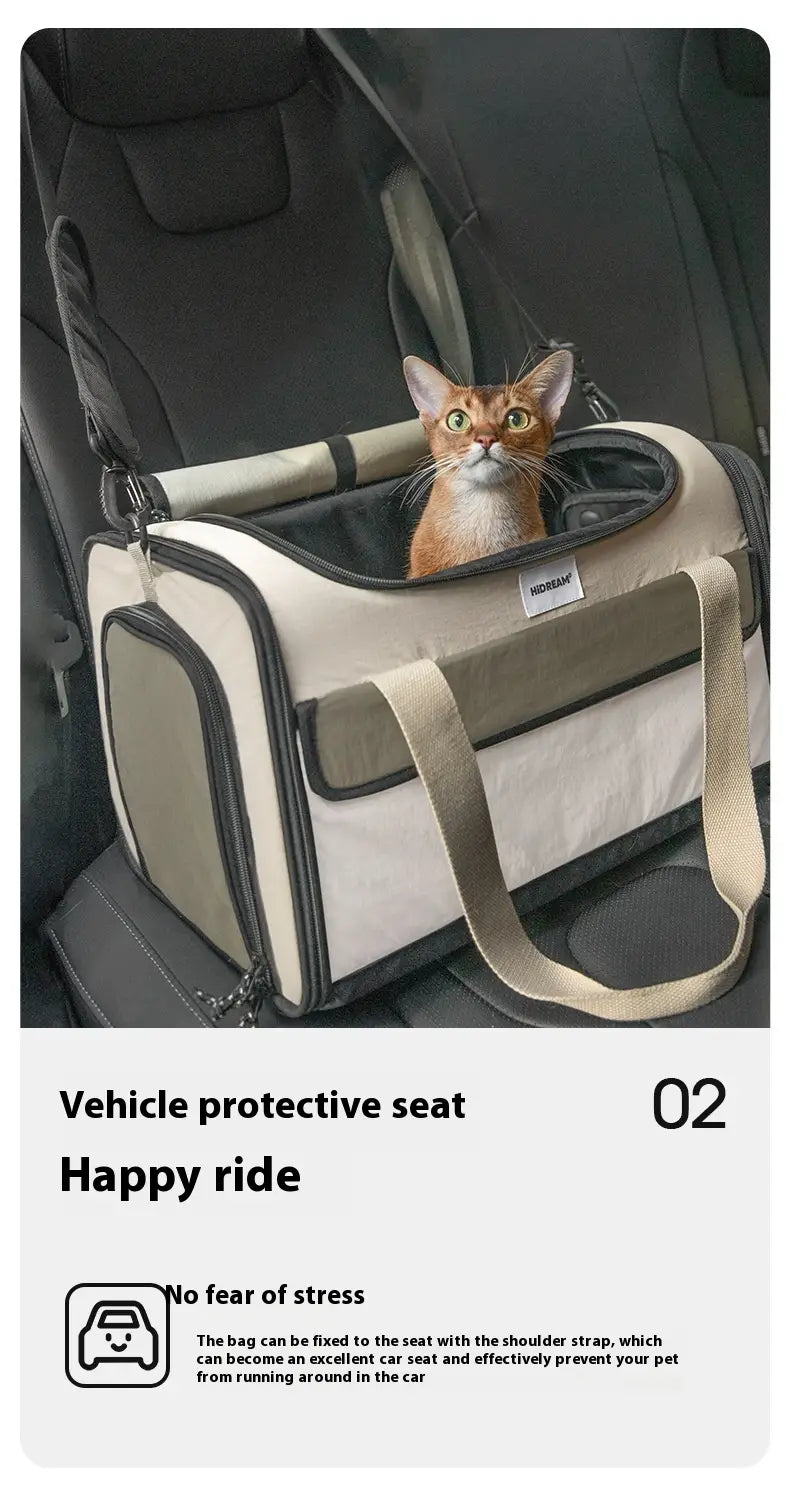 Beige and black mesh cat travel carrier tote bag with adjustable shoulder strap designed for secure car travel.